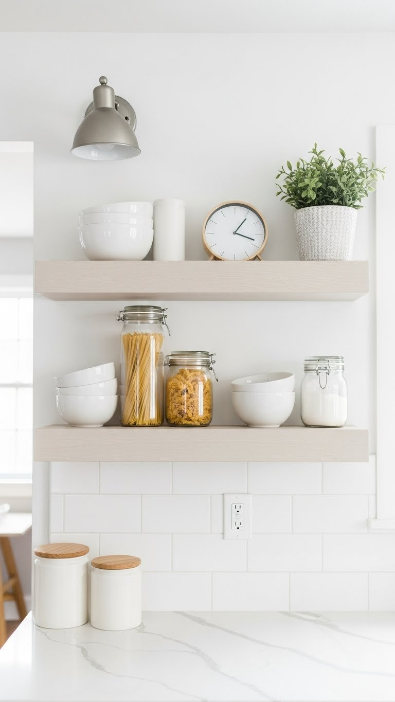 Light-colored floating shelves with neatly arranged monochromatic kitchen essentials in bright airy small kitchen.