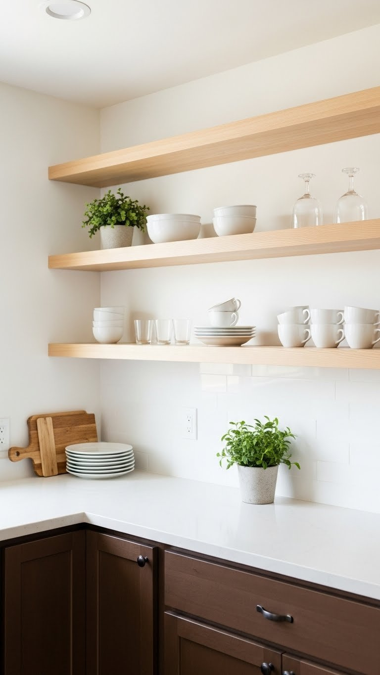 Light-colored open shelving above dark brown lower cabinets with minimalist white ceramics and green plants