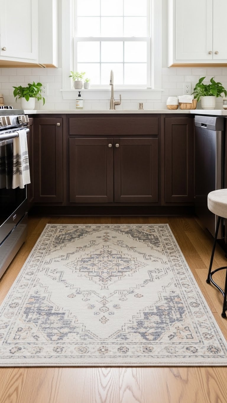 Light-colored patterned kitchen rug on neutral floor contrasting with base of dark brown cabinets