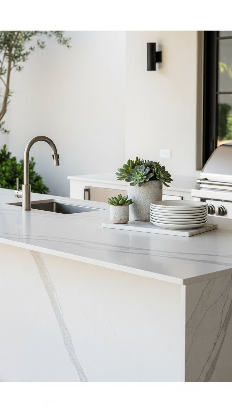 Outdoor Kitchen Countertops: Ultimate Guide To Durable Options 3 Light-colored porcelain outdoor kitchen countertop with modern marble pattern and minimalist design