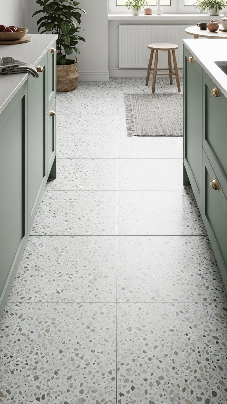 Light-colored terrazzo tile floor extending into sage green kitchen with minimalist Scandinavian aesthetic