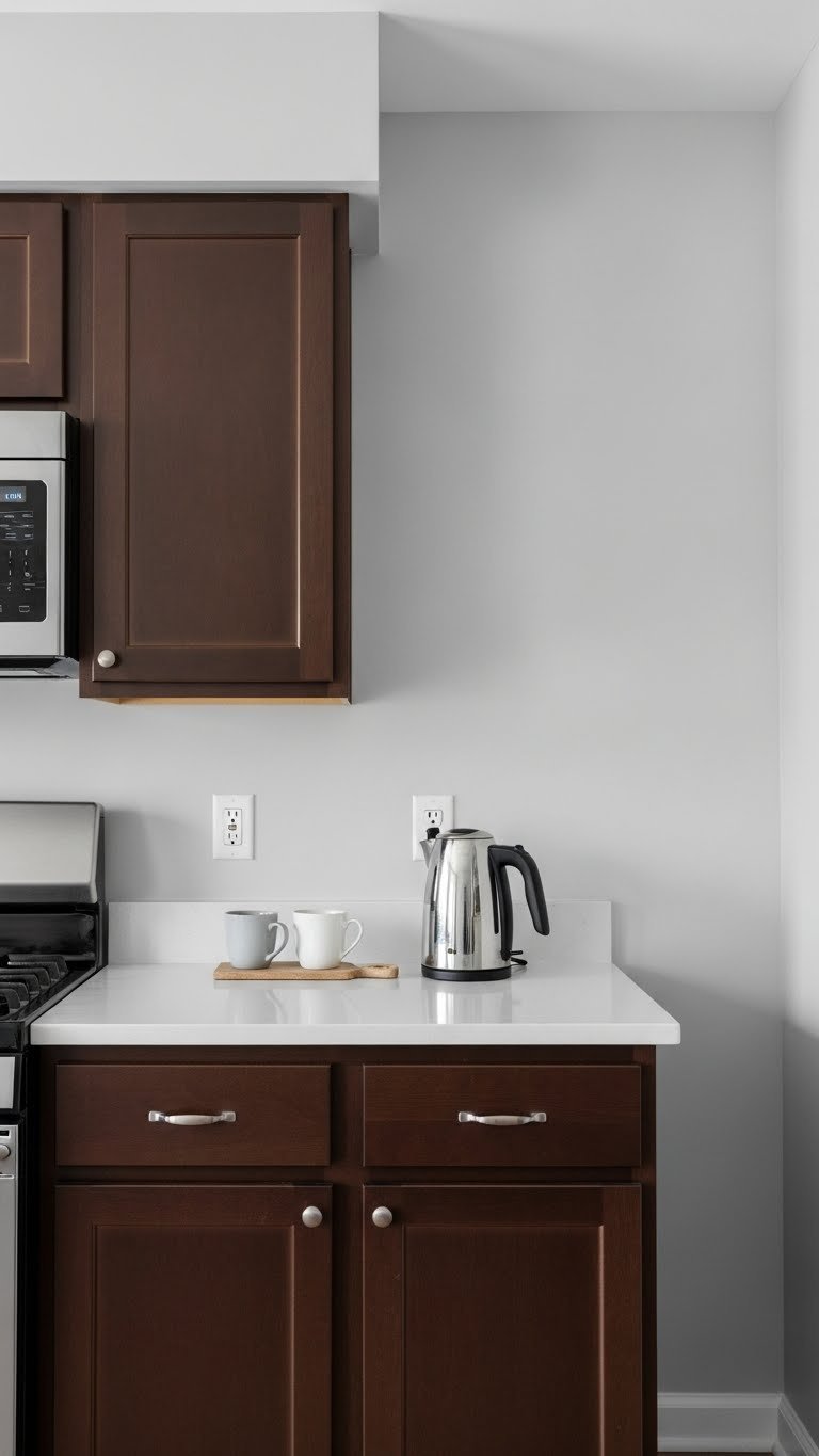 Light gray kitchen wall contrasting with deep brown cabinets showing subtle light play and depth