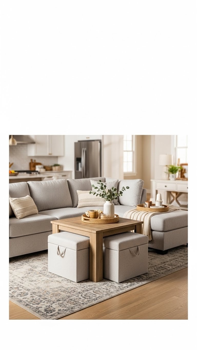 Light gray linen sectional sofa with nested coffee table in a small open-concept living room, showcasing multi-purpose furniture for efficient space.