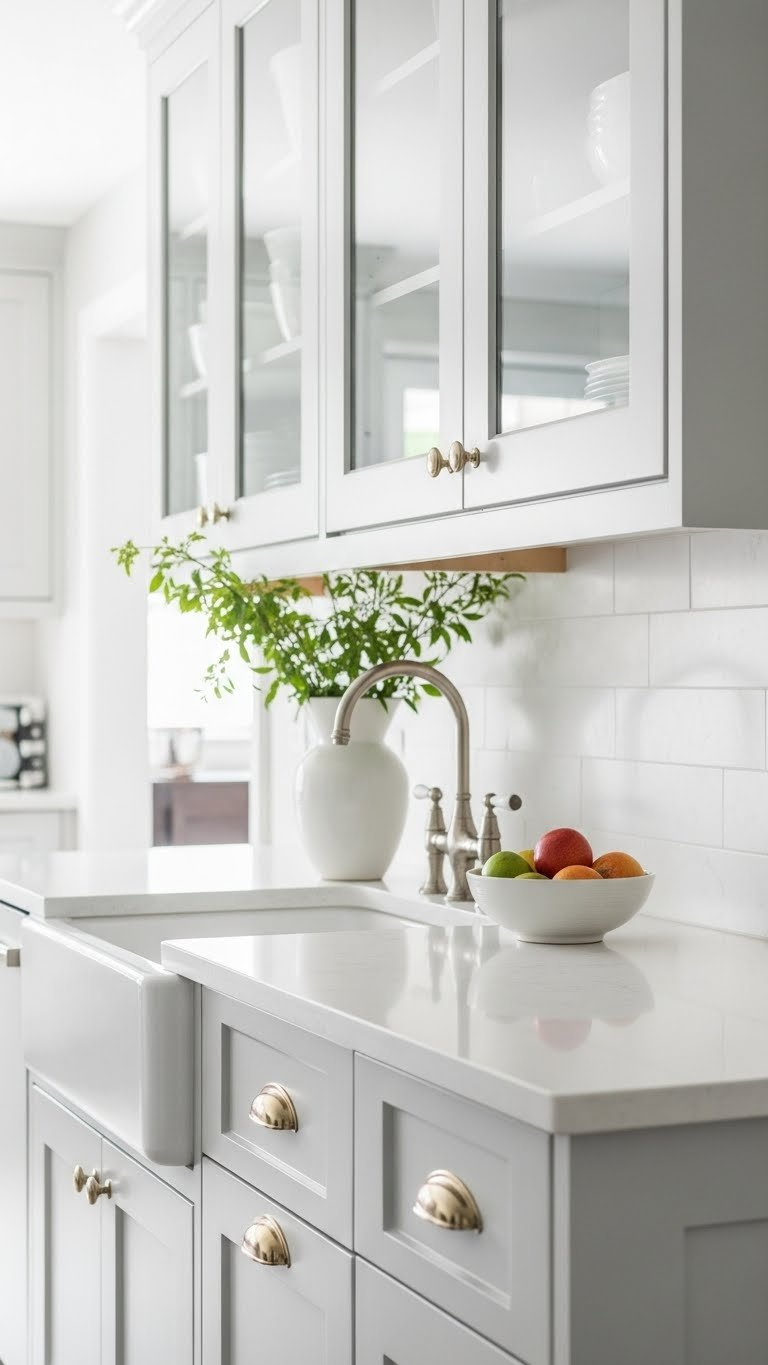 Light gray shaker cabinets with white quartz countertops featuring fresh greenery and chrome faucet in bright kitchen