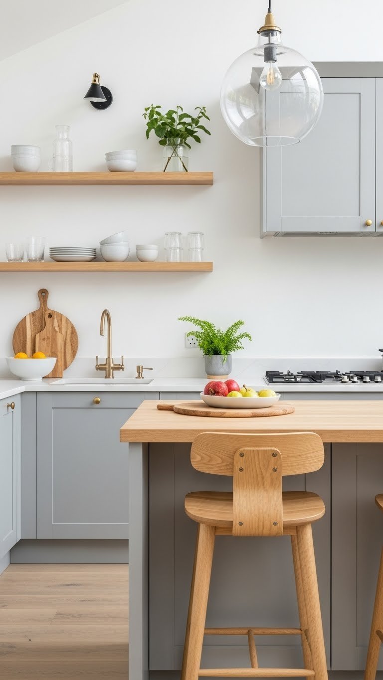 Light grey Scandinavian kitchen with warm natural wood accents, floating shelves, and airy daylight creating harmonious contrast.