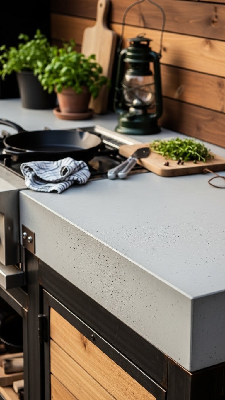 Outdoor Kitchen Countertops: Ultimate Guide To Durable Options 5 Light grey poured concrete outdoor countertop with natural imperfections and industrial-chic aesthetic