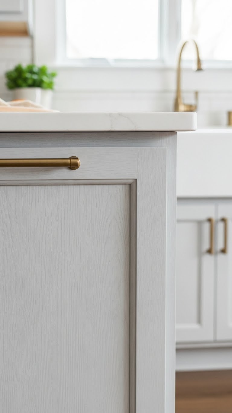 Light grey wood grain contact paper applied to kitchen cabinet door with brushed brass pull in soft natural lighting