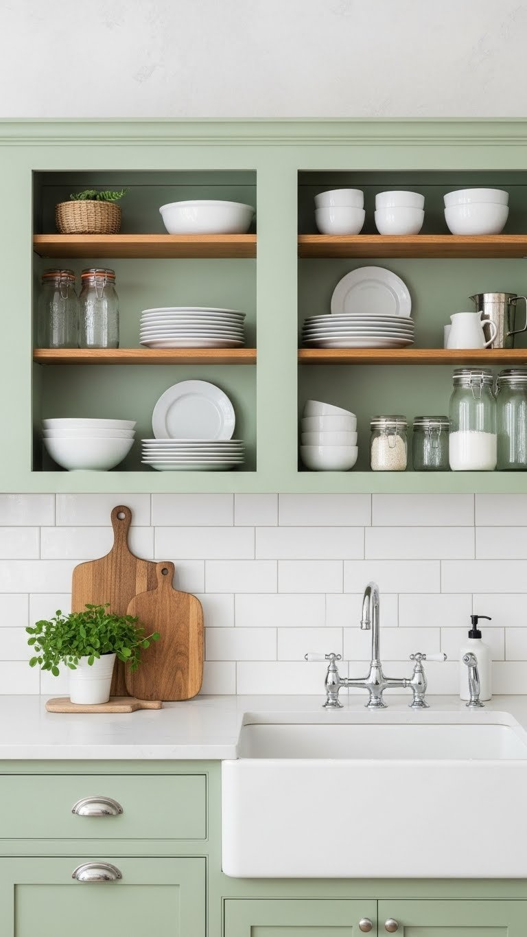 Light mint green kitchen cabinets with open wooden shelving displaying white ceramic dishes and glass jars