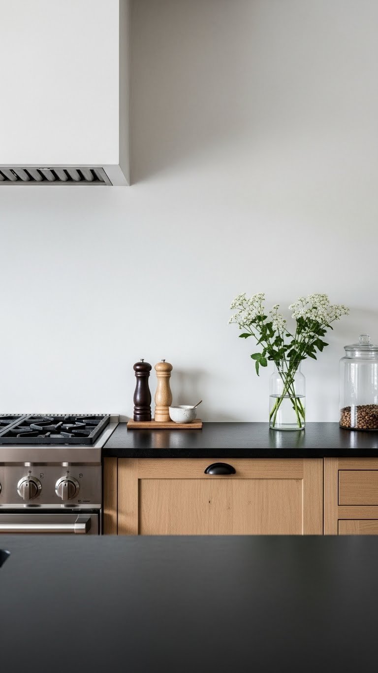Light neutral wall backdrop with black countertop and warm wood cabinets in bright kitchen