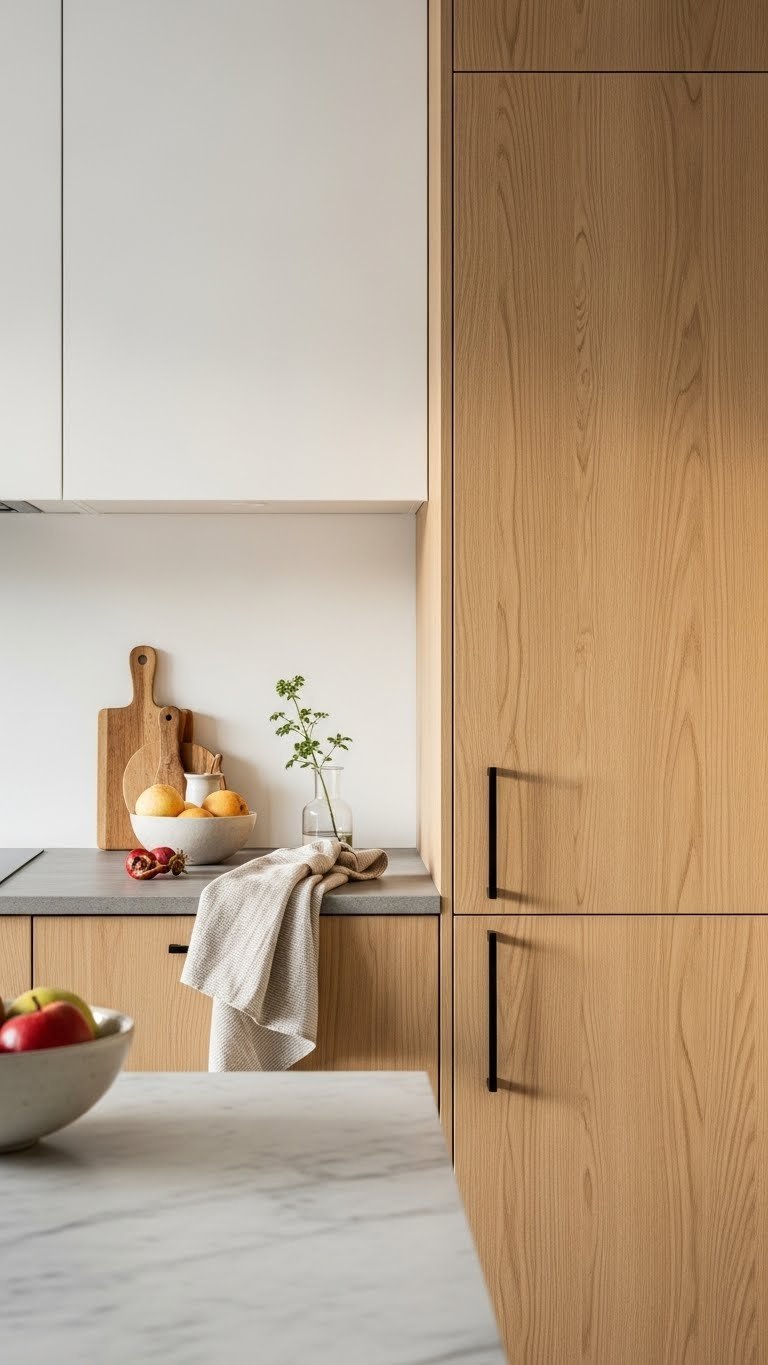 Light oak cabinetry harmonized with matte white backsplash and concrete countertop in warm golden hour lighting