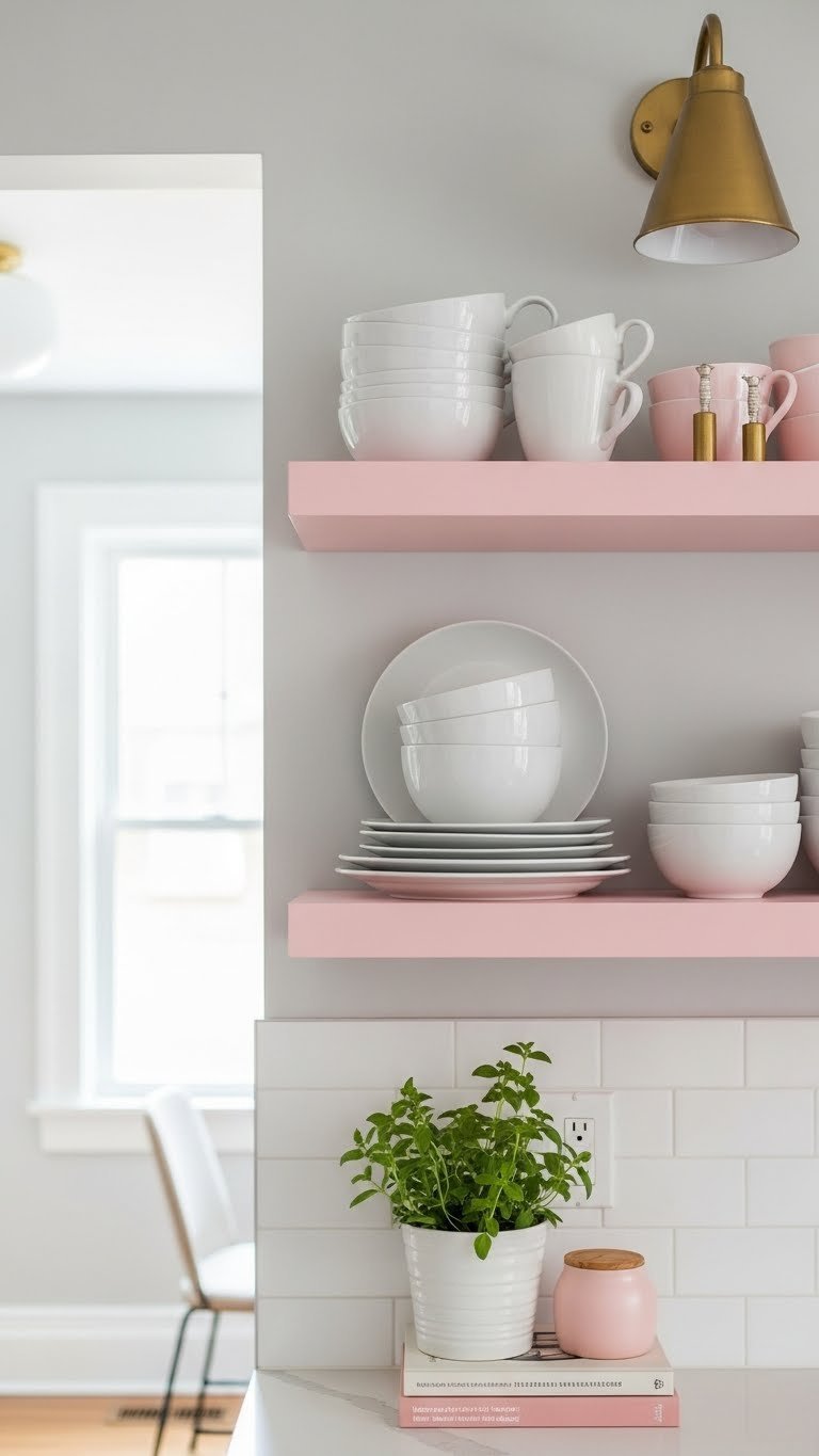 Proven Pink Small Kitchen Ideas: 9 Ways To Maximize Space 3 Light pink floating shelves with white ceramic dishes and brass accents against grey wall in small kitchen.