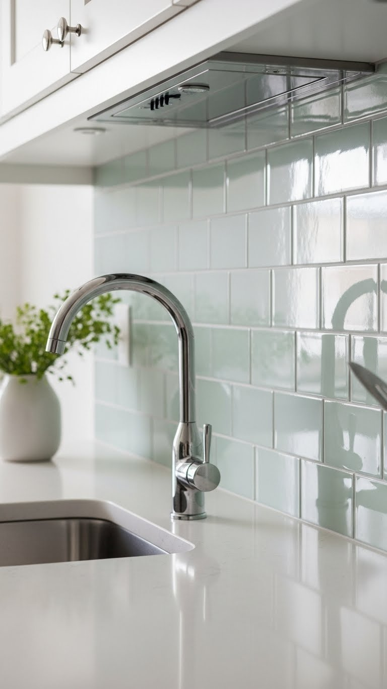 Light sage green subway tile backsplash above white quartz countertop with natural lighting in kitchen