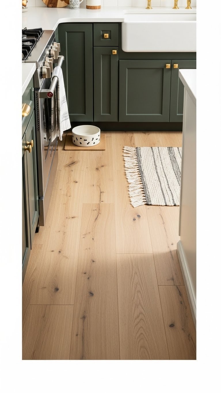 Light-toned wood flooring extending beneath dark forest green cabinets in kitchen interior