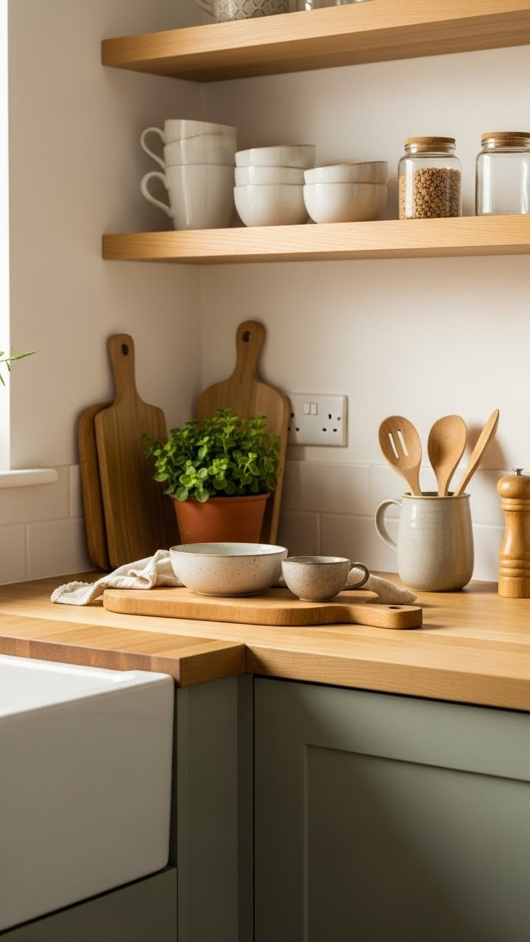 Light wood butcher block countertop contrasting sage green cabinets in warm cozy kitchen setting