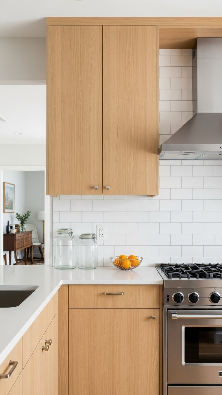 Light wood cabinets paired with glossy white subway tile backsplash and polished stainless steel range hood reflection.