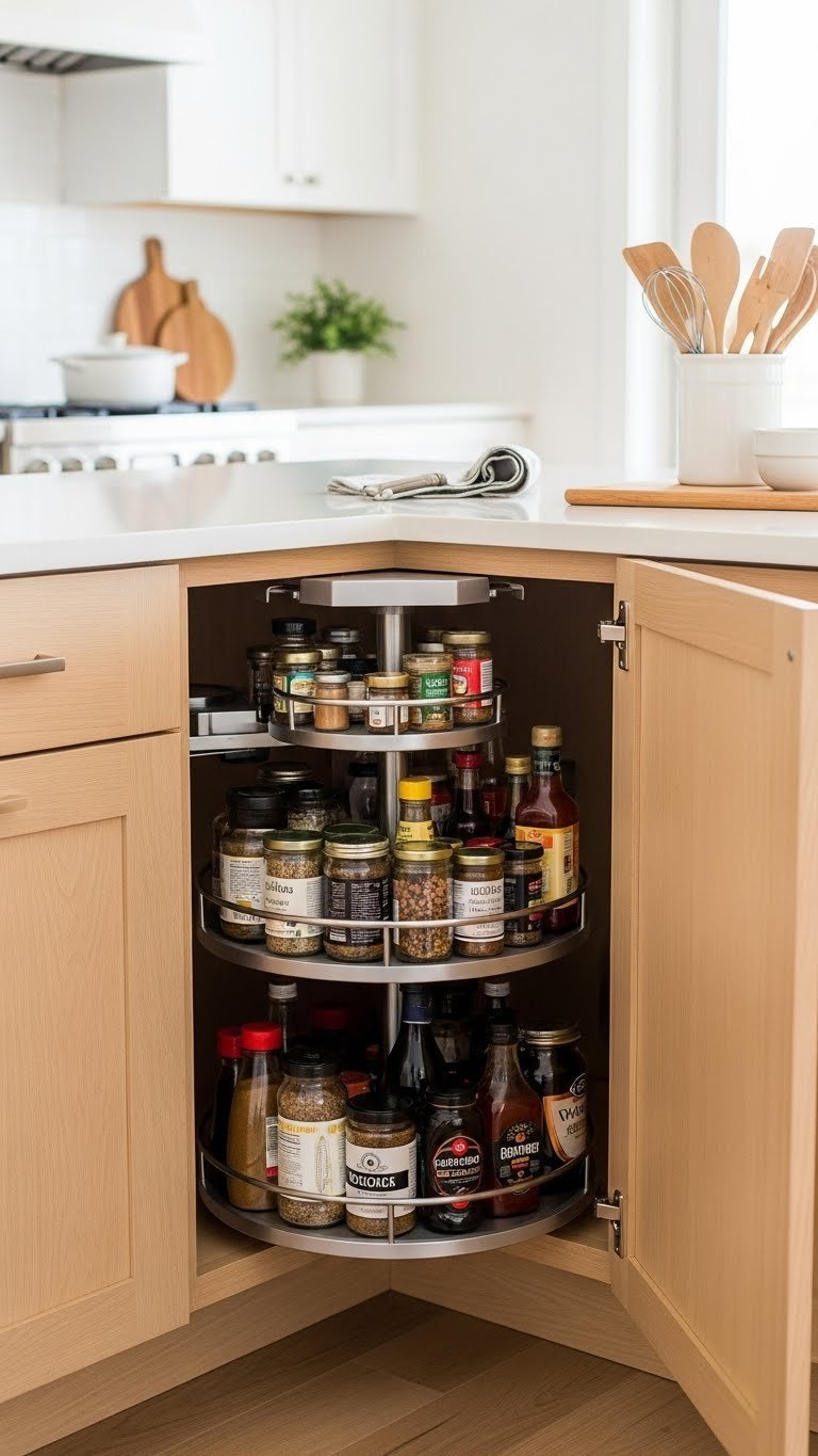 11 Smart Kitchen Cabinet Pantry Ideas For Ultimate Organization 7 Light wood corner kitchen cabinet with a multi-tiered lazy Susan efficiently organizing spices, condiments, and small jars.