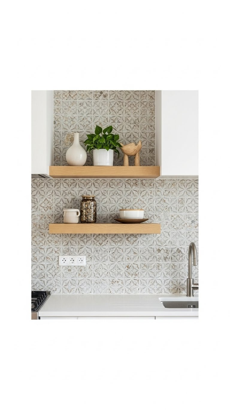 Light wood floating shelves integrated with textured backsplash holding ceramic vase and green plant
