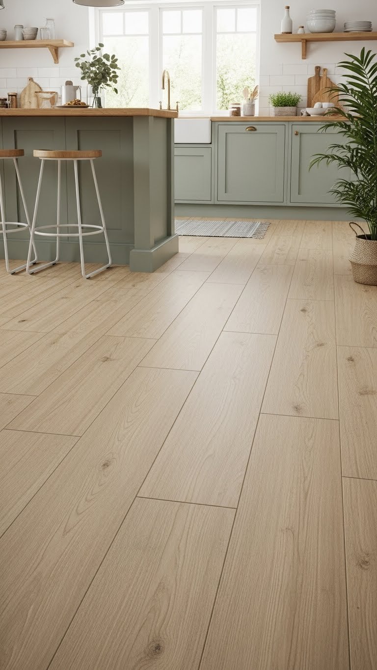 Light wood-grain porcelain floor tiles in a contemporary Scandinavian kitchen with modern island and natural daylight.