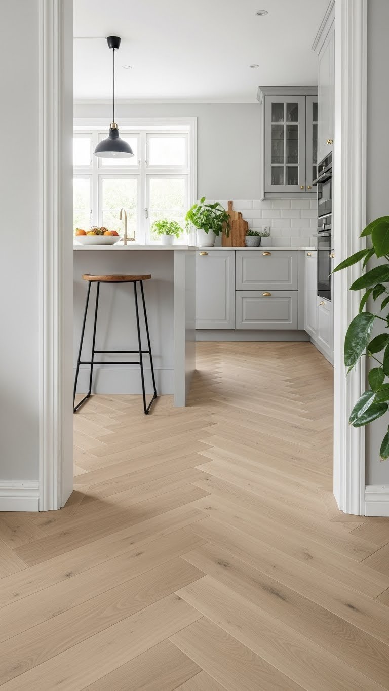 Light wood herringbone floor in Scandinavian kitchen with white island and natural lighting showcasing oak grain texture