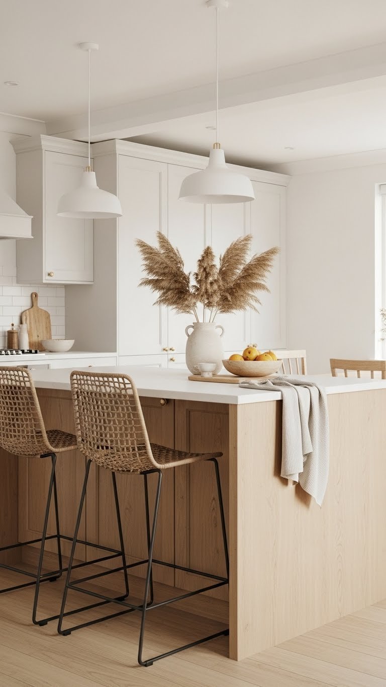 9 Scandi Boho Kitchen Ideas: Create Your Dream Cozy Space 15 Light wood kitchen island with white countertop, pampas grass centerpiece, and woven rattan bar stools