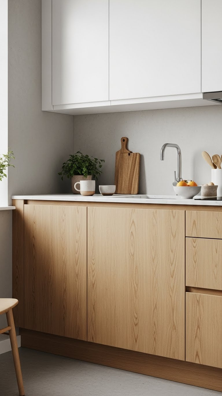 Light wood lower cabinets with handleless white upper cabinets in a minimalist Scandinavian kitchen with concrete floor