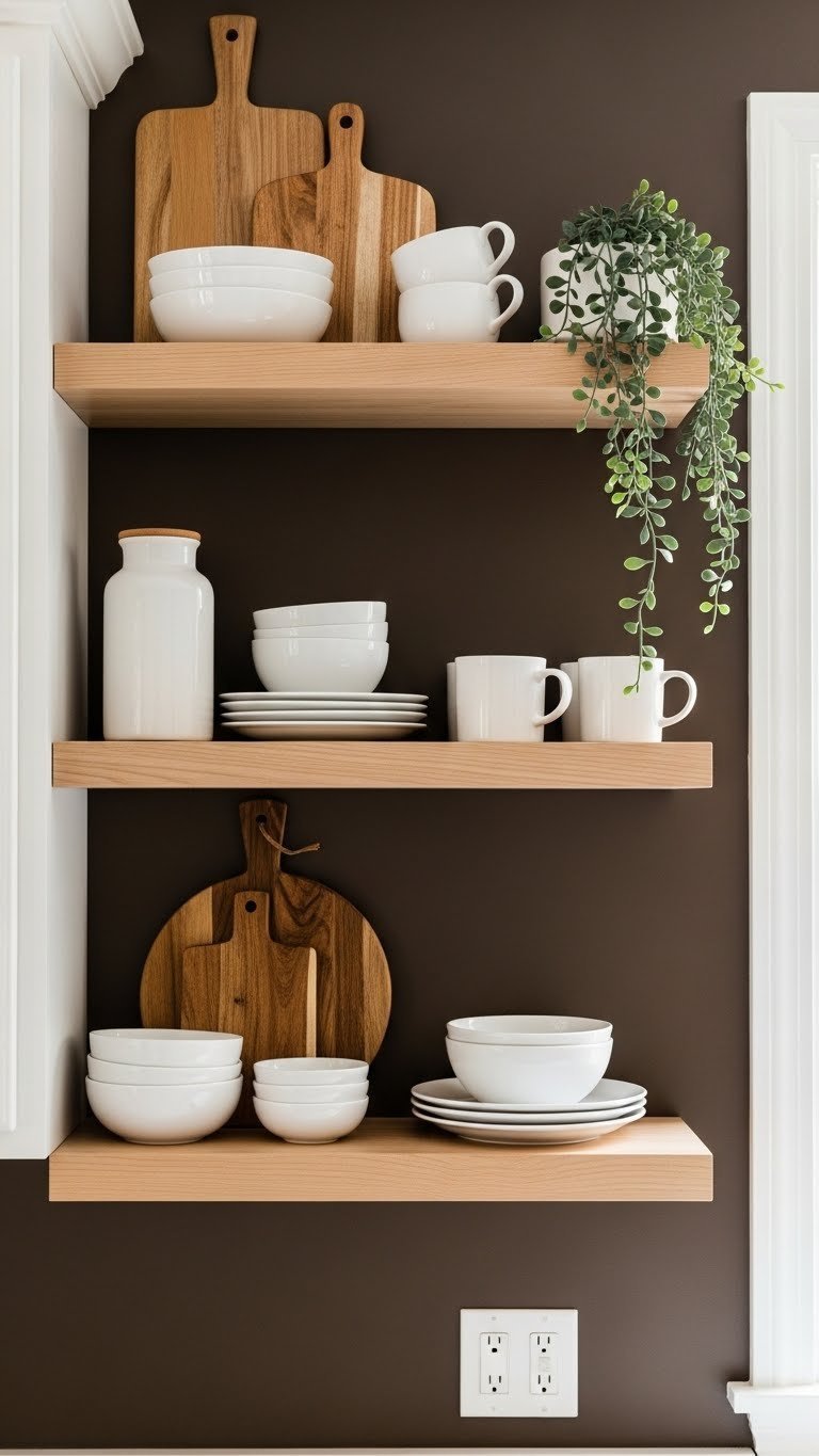 Light wood open shelves styled with white ceramic dishware and plants against a dark brown kitchen wall, creating a cozy space.