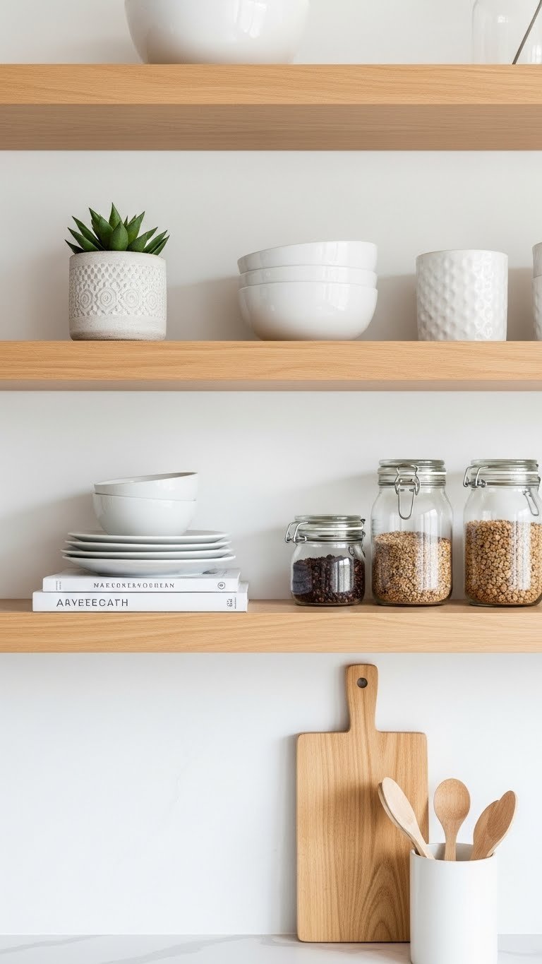Light wood open shelving with white ceramic dishes in minimalist Scandinavian kitchen
