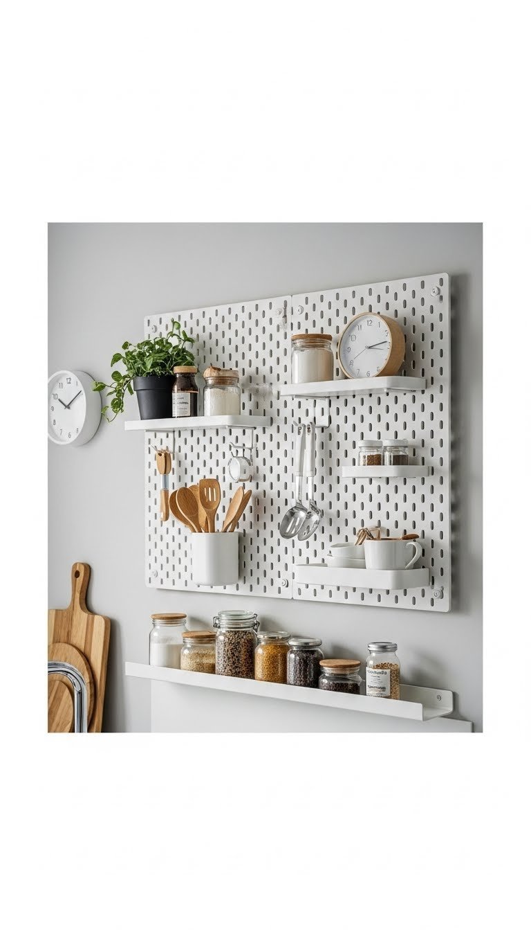 Light wood pegboard accent wall organized with minimalist kitchen tools and plants