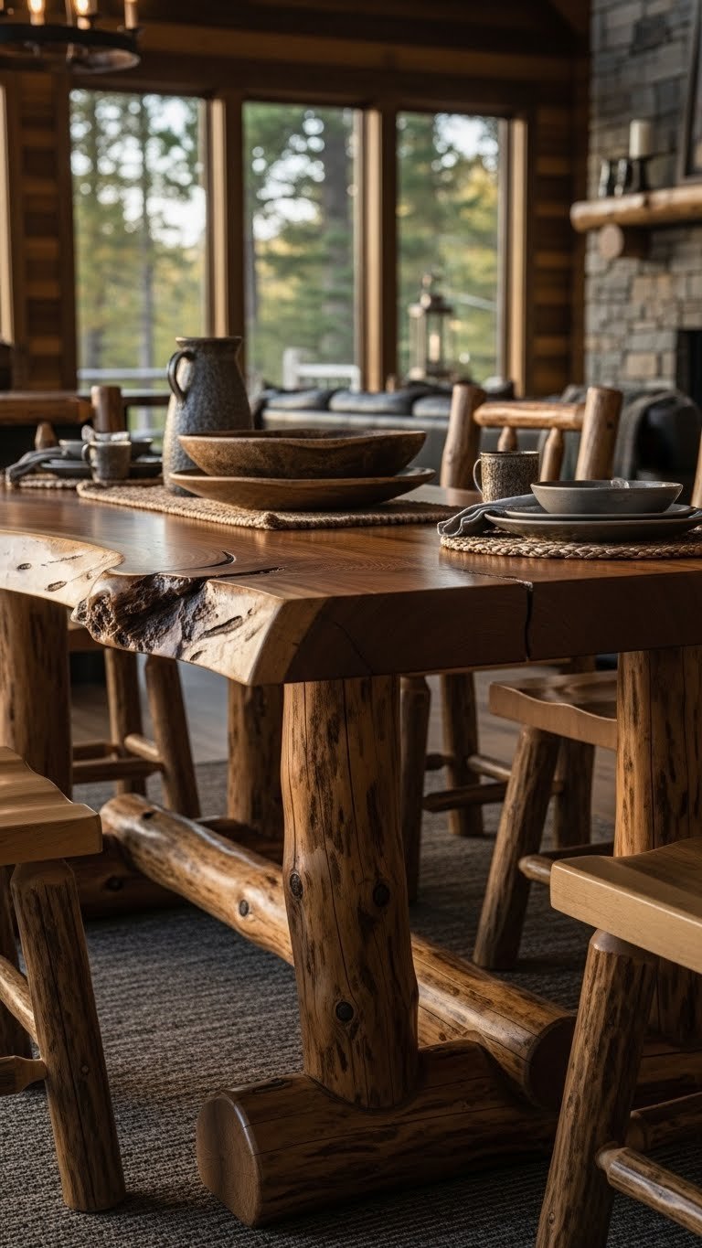 Live-edge log dining table with natural wood grain in rustic cabin interior featuring stone fireplace and forest view