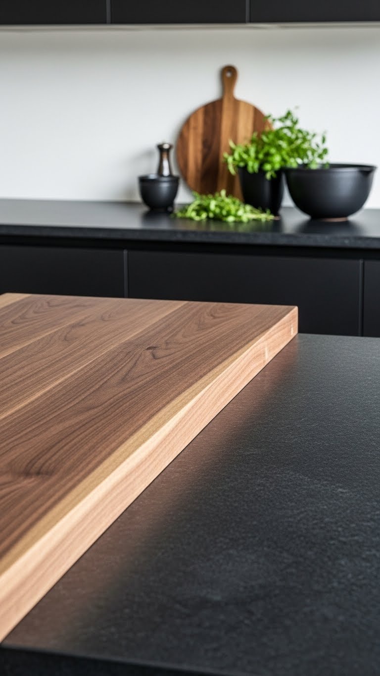 Dark Kitchen Aesthetic: 7 Ideas For Elevated Cooking 5 Live edge walnut wood island intersecting a matte black granite countertop in a dark kitchen, with a ceramic bowl and fresh herbs.