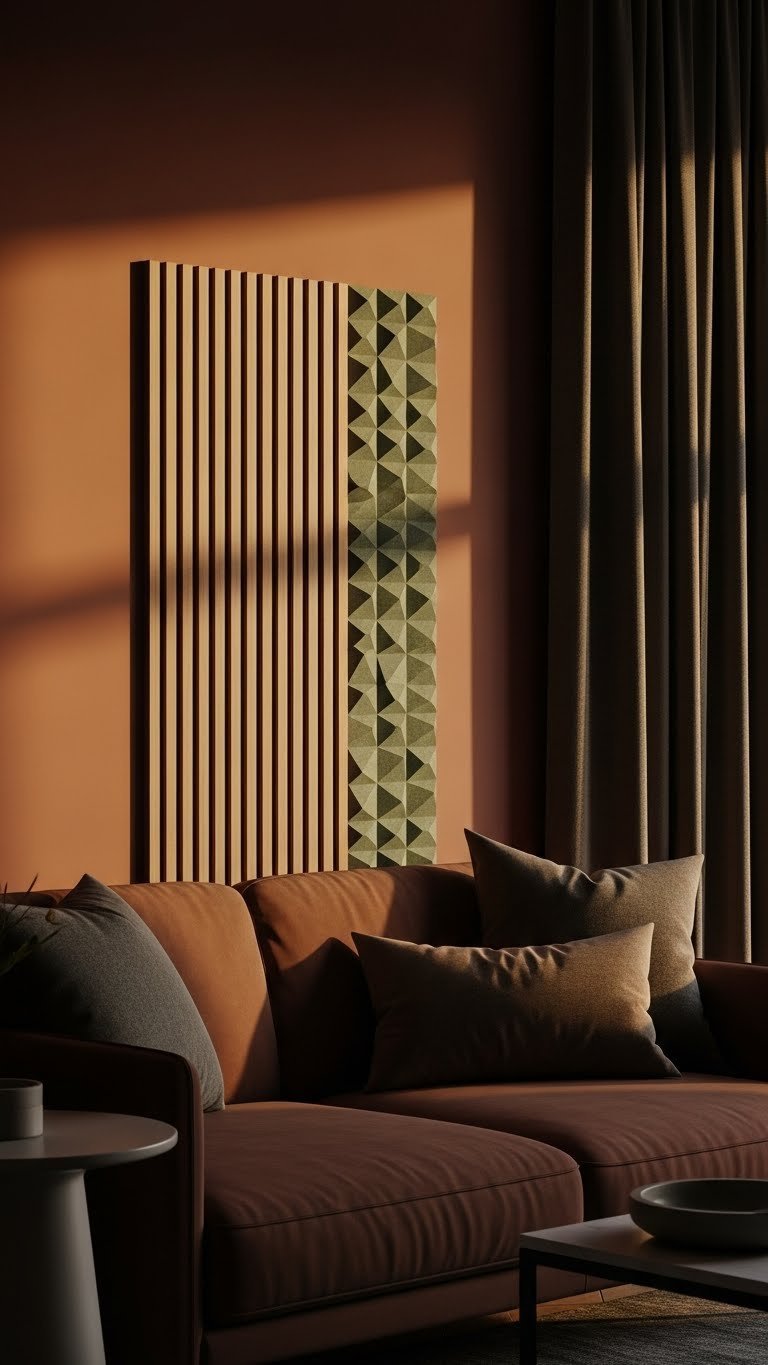 Living room with decorative wood slat acoustic panel behind a sofa, enhancing design and sound. Terracotta and sage green tones.