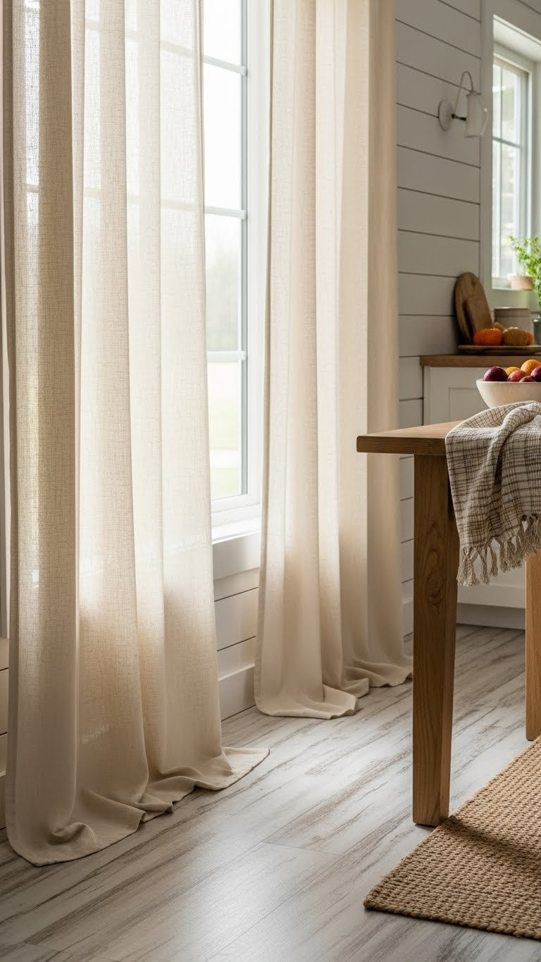 Long flowing unbleached cotton curtain panels pooling on distressed wooden floor in rustic kitchen