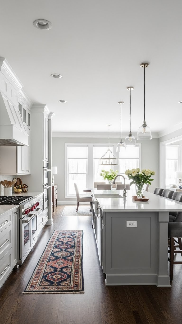 Long galley kitchen island with seating, pendant lights, and runner rug, flowing into living room. Elegant grays and natural woods.
