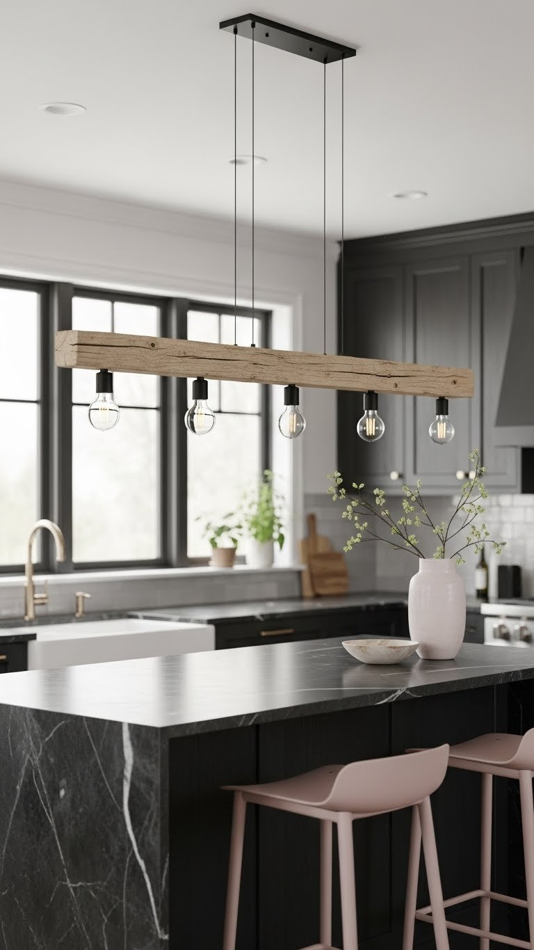 Long reclaimed wood linear light fixture with downlights above dark stone countertop in modern rustic kitchen