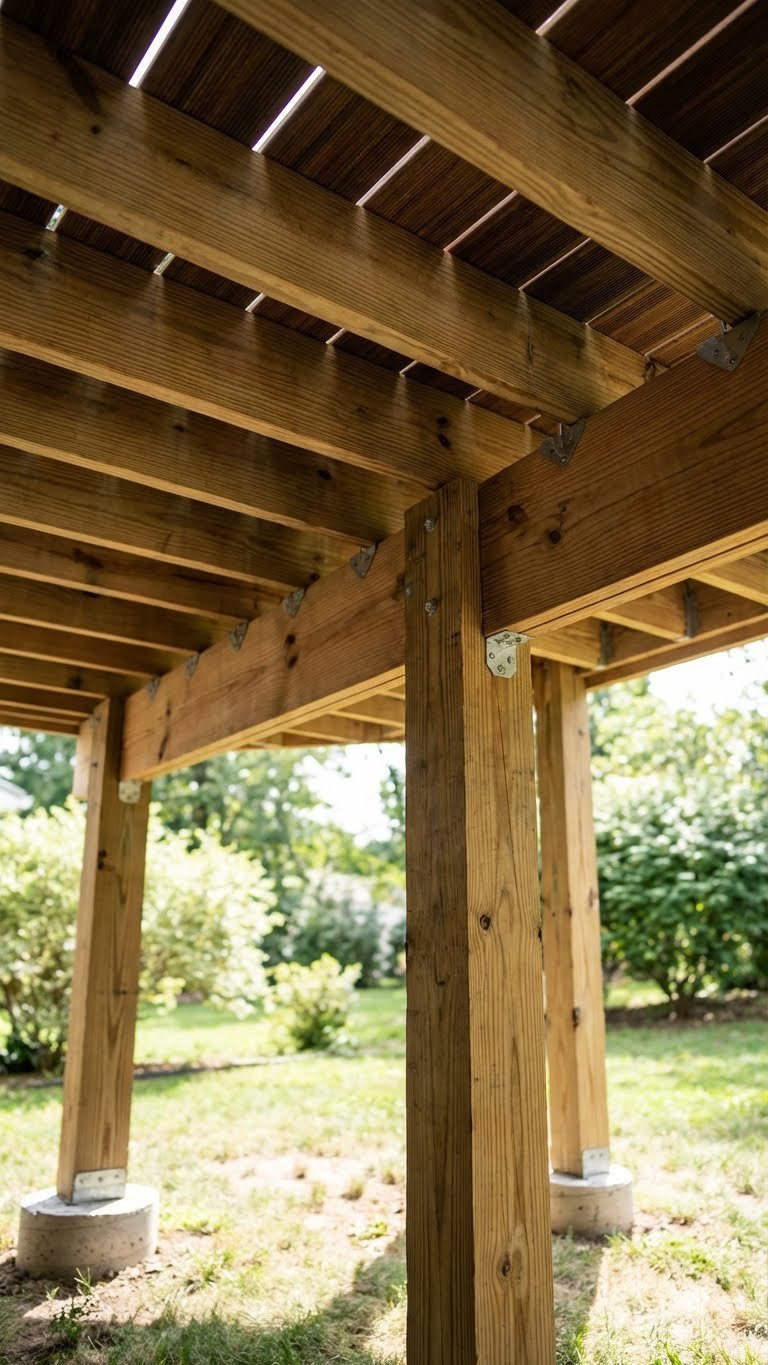 Outdoor Kitchen On Deck Planning Guide For Safe Stylish Builds 1 Low-angle view of sturdy wooden deck support structure with thick posts, joists, and beams against blurred green grass background