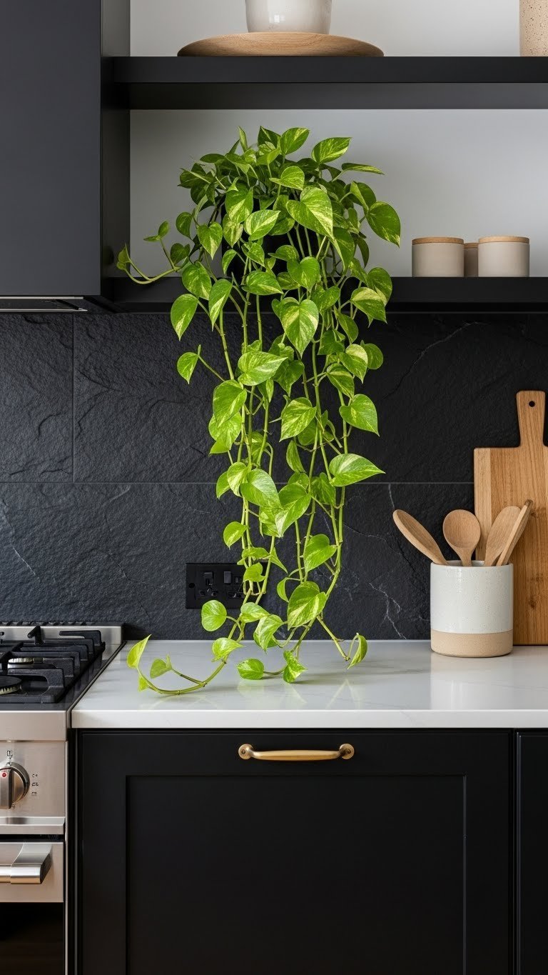 Lush Pothos plant with golden-flecked vines trailing from open shelving over a dark stone kitchen backsplash.
