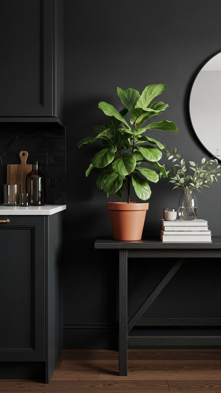 Dark Kitchen Living Room Aesthetic: 7 Essential Chic Ideas 10 Lush fiddle leaf fig in terracotta pot on dark wood console. Natural elements brighten deep-toned modern living room interior.