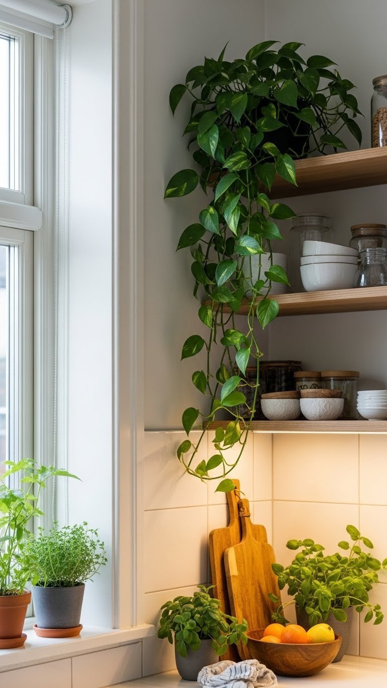 Lush green plants cascading from shelves in vibrant Scandinavian kitchen with organic accents