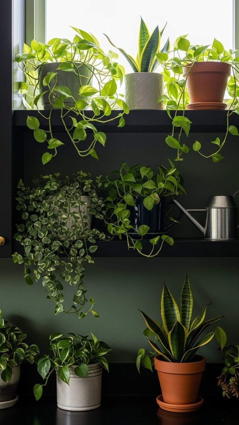 Lush indoor plants like Pothos and Snake Plant on a dark kitchen shelf with deep green walls & ceramic planters.
