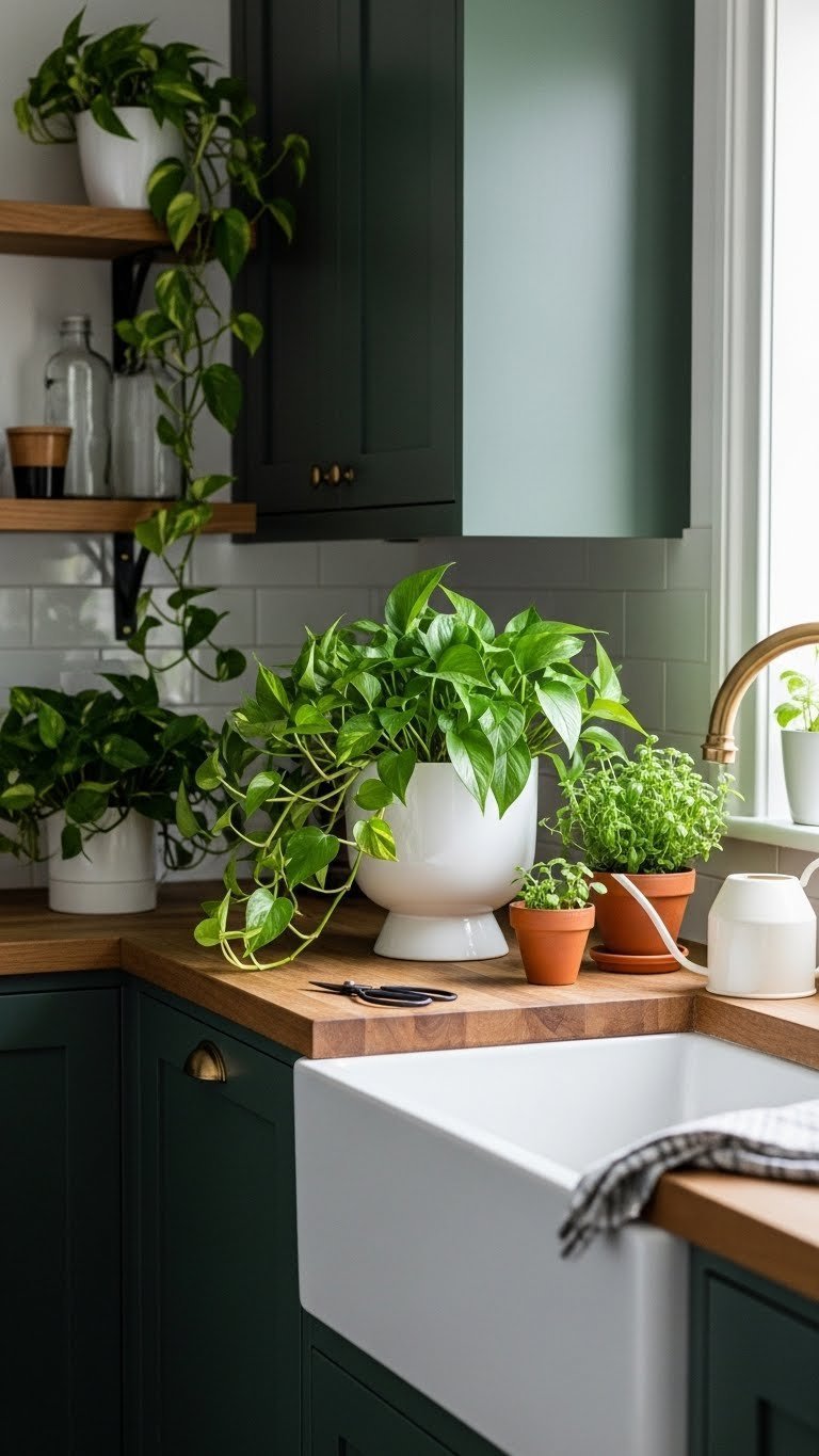 Lush trailing houseplants (pothos, philodendron) on open shelving and near a sink in a dark green kitchen. Natural decor.