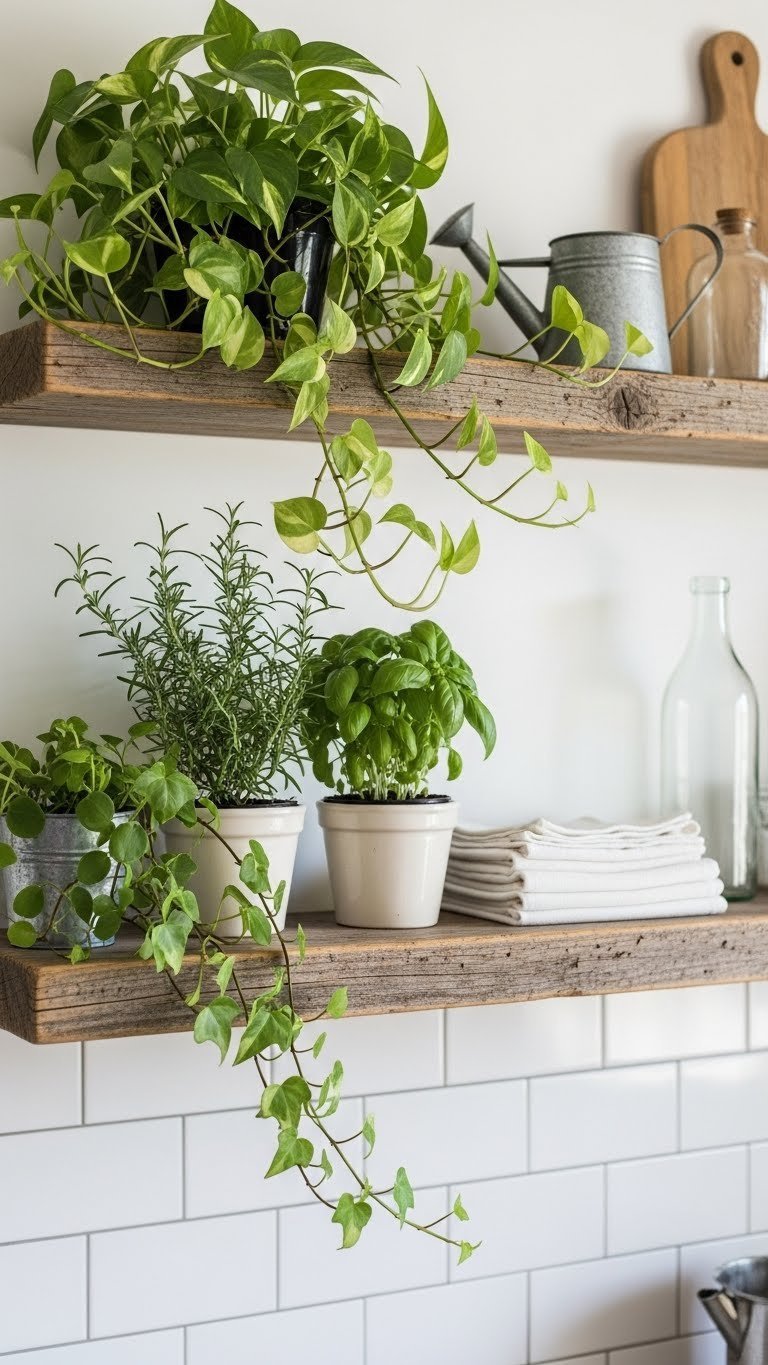 Lush trailing plants and fresh herbs in ceramic pots draping over reclaimed wooden shelf with bright airy daylight illumination