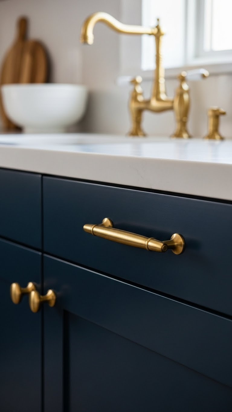 Dark Kitchen Aesthetic Secrets To Chic Home Design 9 Luxe navy blue kitchen cabinet with sleek brushed brass handle and gold tap fixture. Opulent golden hour ambiance.