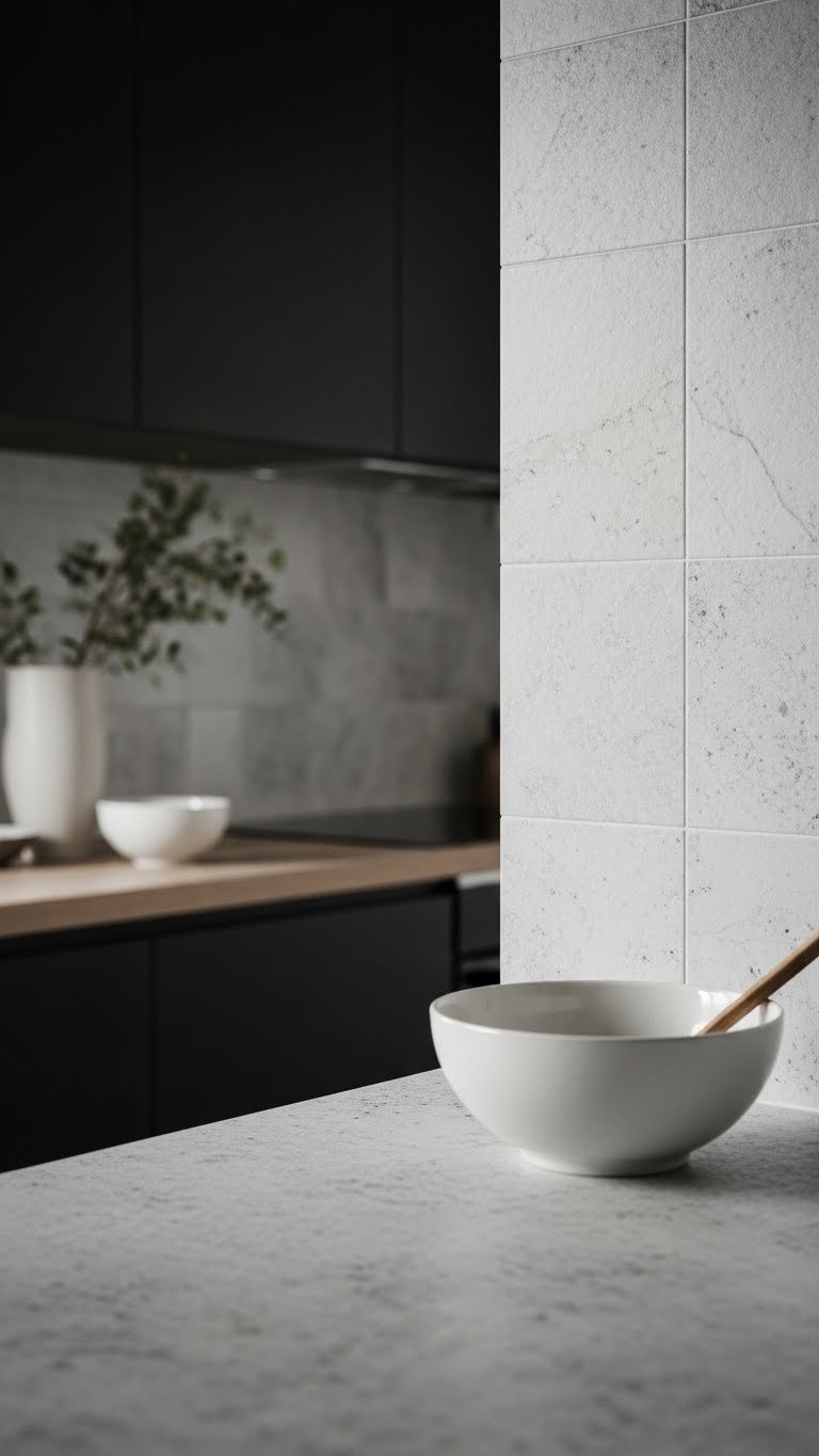 Luxurious Scandinavian kitchen showcasing natural stone tile backsplash with dark cabinetry and elegant details.