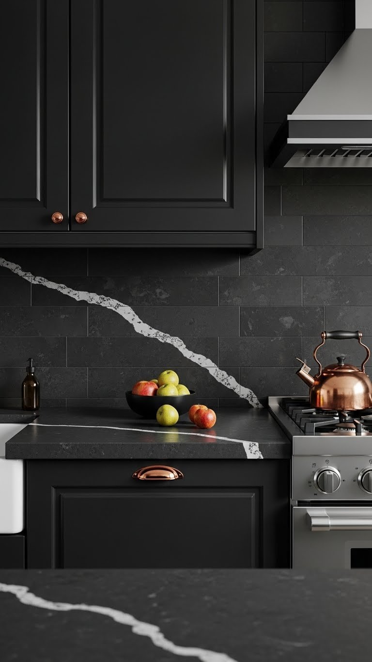 Dark Kitchen Aesthetic Apartment: Chic &Amp; Cozy Design Guide 7 Luxurious black kitchen with dark gray quartz countertop, subtle white veining, and sophisticated dark backsplash tile.