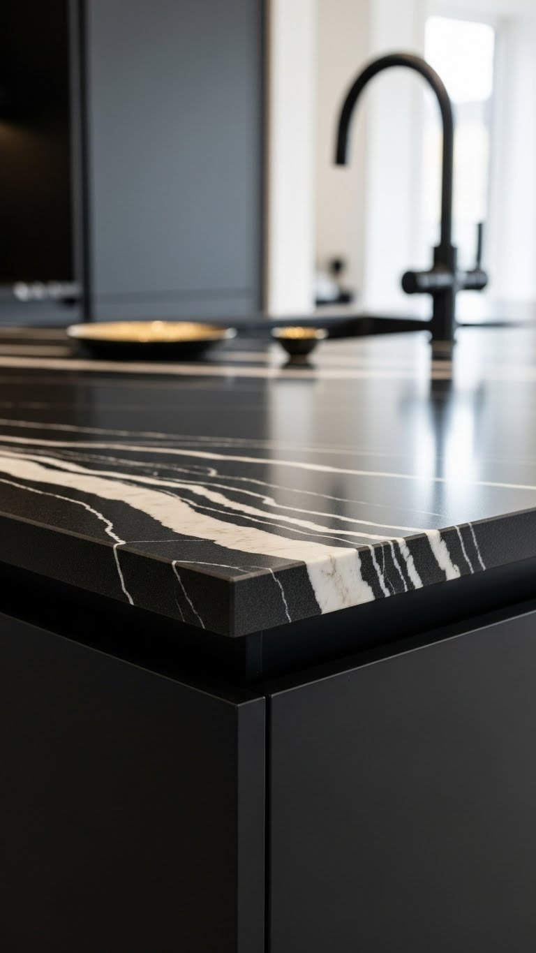 Luxurious black quartzite countertop with white veining contrasts a matte black cabinet. Modern kitchen detail with black tapware and gold dish.
