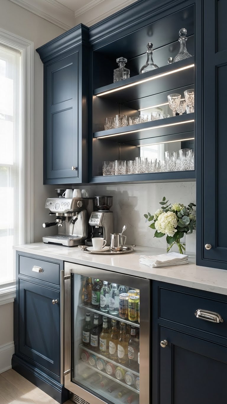 11 Ultimate Kitchen Pantry Beverage Station Ideas Design Your Dream Drink Hub 19 Luxurious butler's pantry beverage bar with bespoke dark cabinetry, built-in fridge, coffee, and crystal glassware.