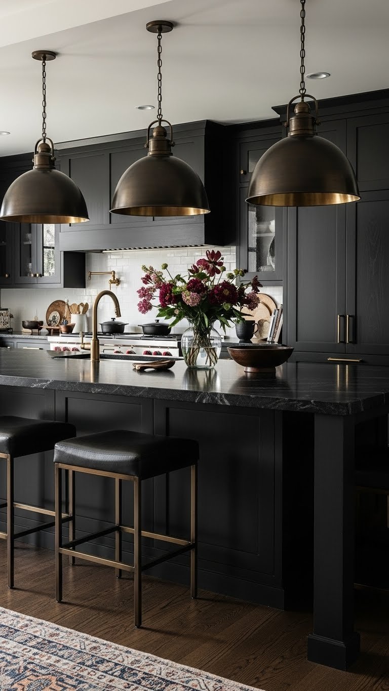 Luxurious charcoal kitchen island, black granite countertop, dark brass pendant lights, and dark leather bar stools.