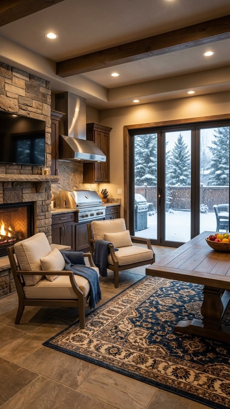 Outdoor Kitchen Enclosed Design Ideas For Year Round Use 15 Luxurious climate-controlled four-season outdoor kitchen room with folding glass doors, fireplace, and heated tile flooring