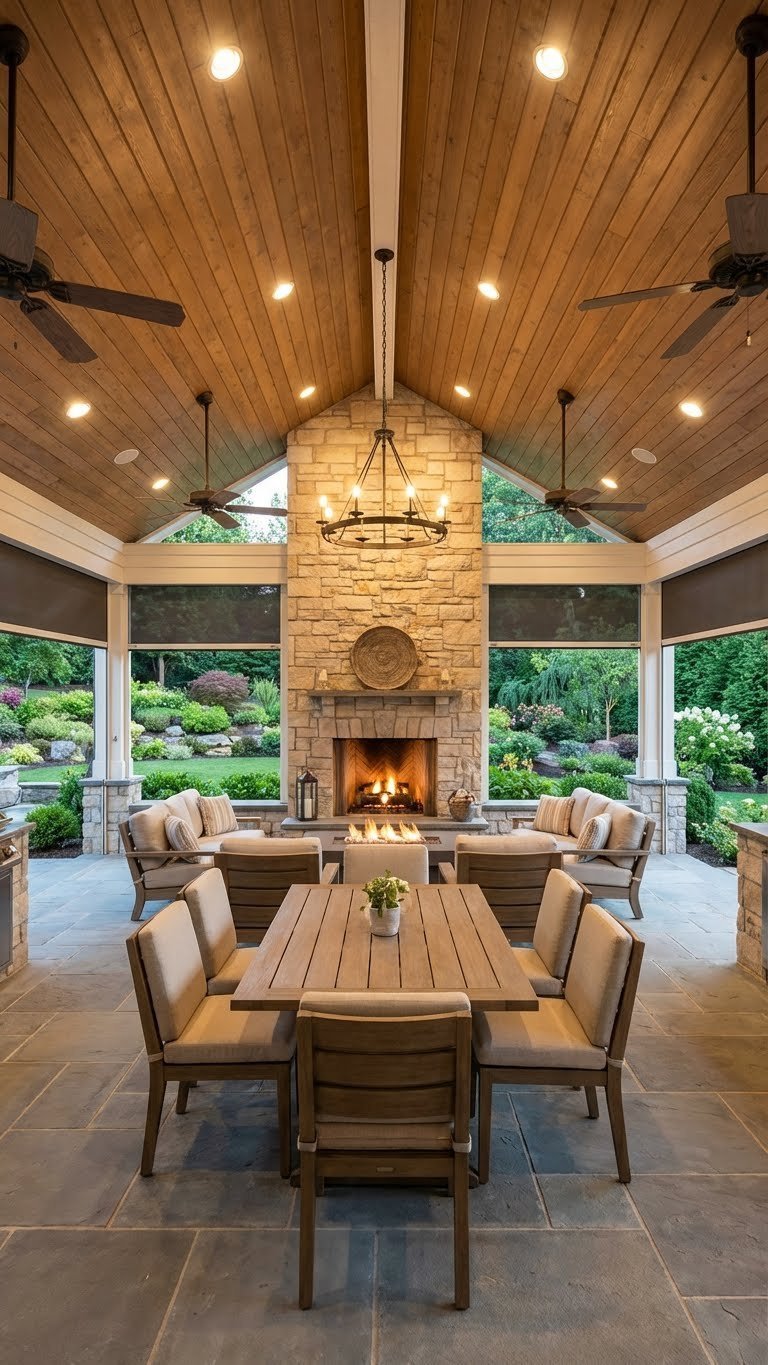 Outdoor Kitchen Villa Design Ideas For Luxury Entertaining 11 Luxurious covered outdoor kitchen pavilion with wood-plank ceiling, stone fireplace, and all-weather dining area.