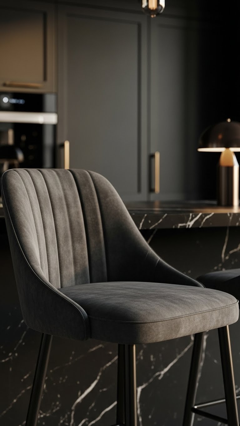 Luxurious dark grey velvet bar stool with sleek metal legs against a black marble counter, highlighting rich texture and color.